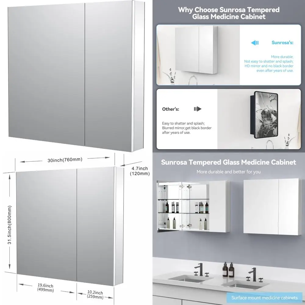 

Wall-Mounted Recessed Bathroom Medicine Cabinet with Mirror, 30 Wide x 31.5 High, Featuring 2 Asymmetrical Doors