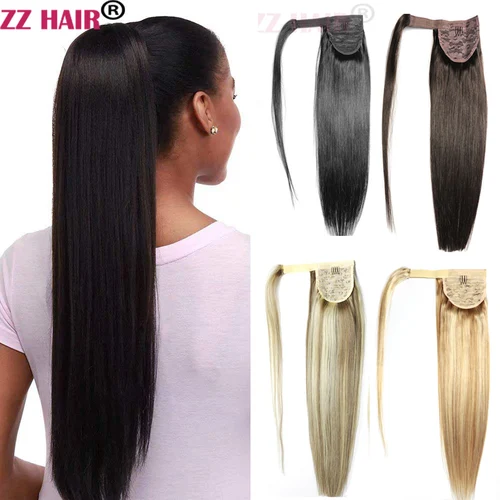 ZZHAIR 100% extensiones de cabello humano 16 ""-26"" envoltura mágica alrededor de cola de caballo 140g Clip en máquina hecha Remy cola de caballo Stragiht