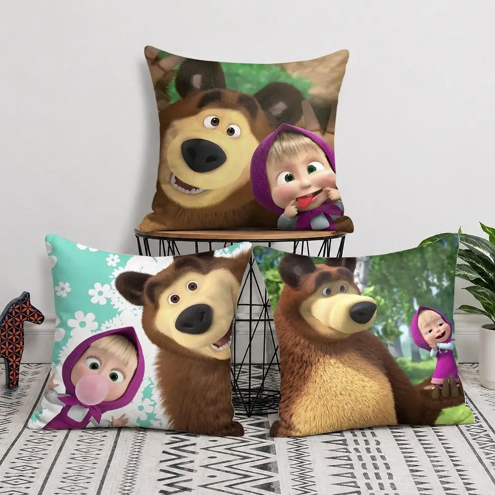 M-Masha And The Bear Cushion Cover Silky Short Plush Invisible Zipper Dustproof Sofa Pillow Case For Home Decor