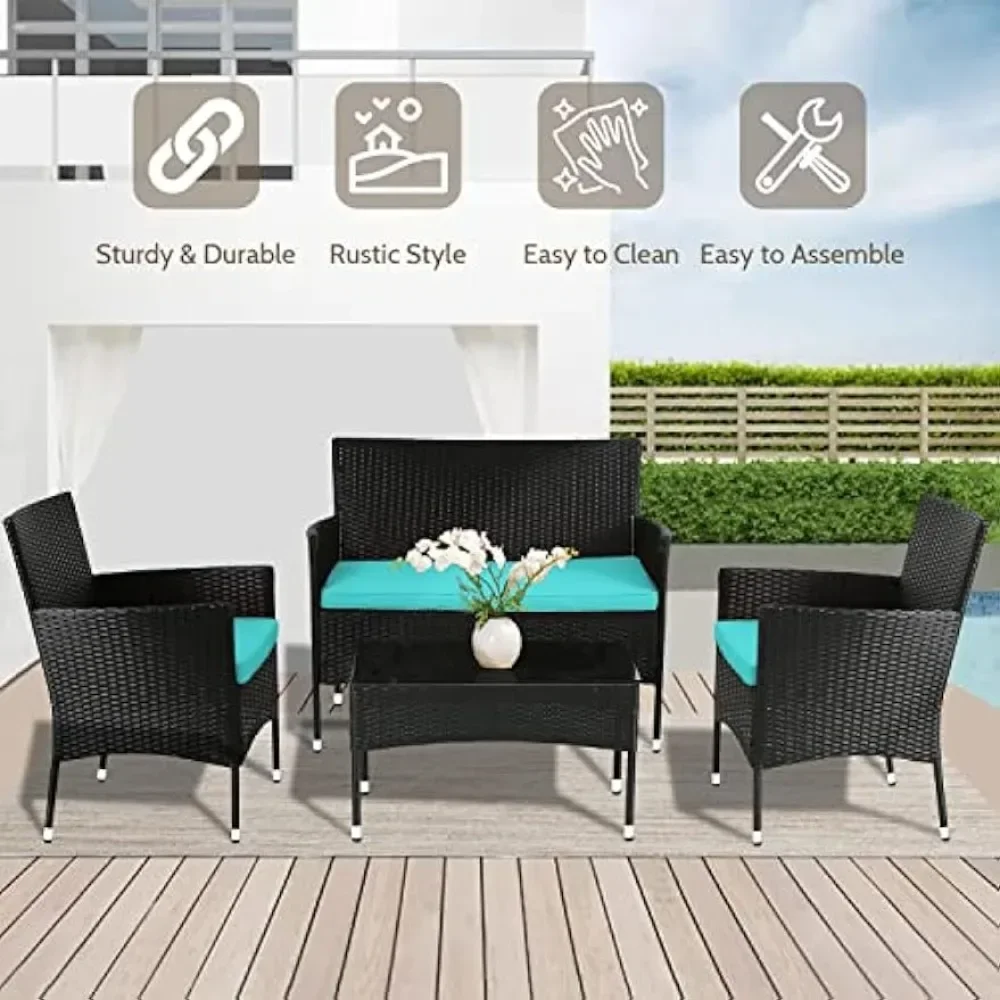 Wicker Chair Patio Conversation Set for Outdoor Indoor Use with Loveseats Coffee Table,Blue Cushion