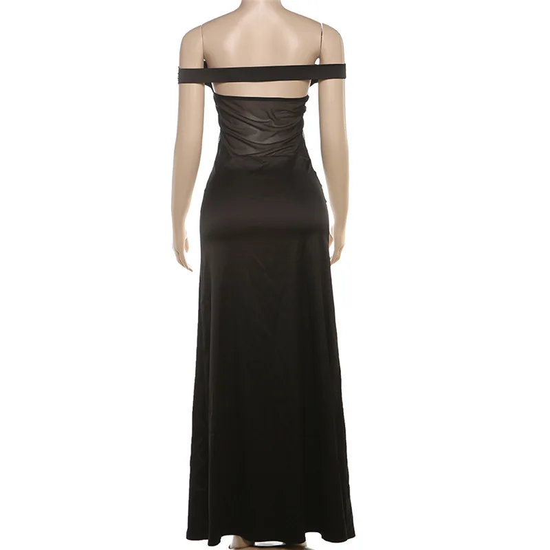 Sheer Mesh Patchwork Glossy Satin Bodycon Maxi Party Dress Women Sexy Off Shoulder Sleeveless Backless Slim Evening Long Robe