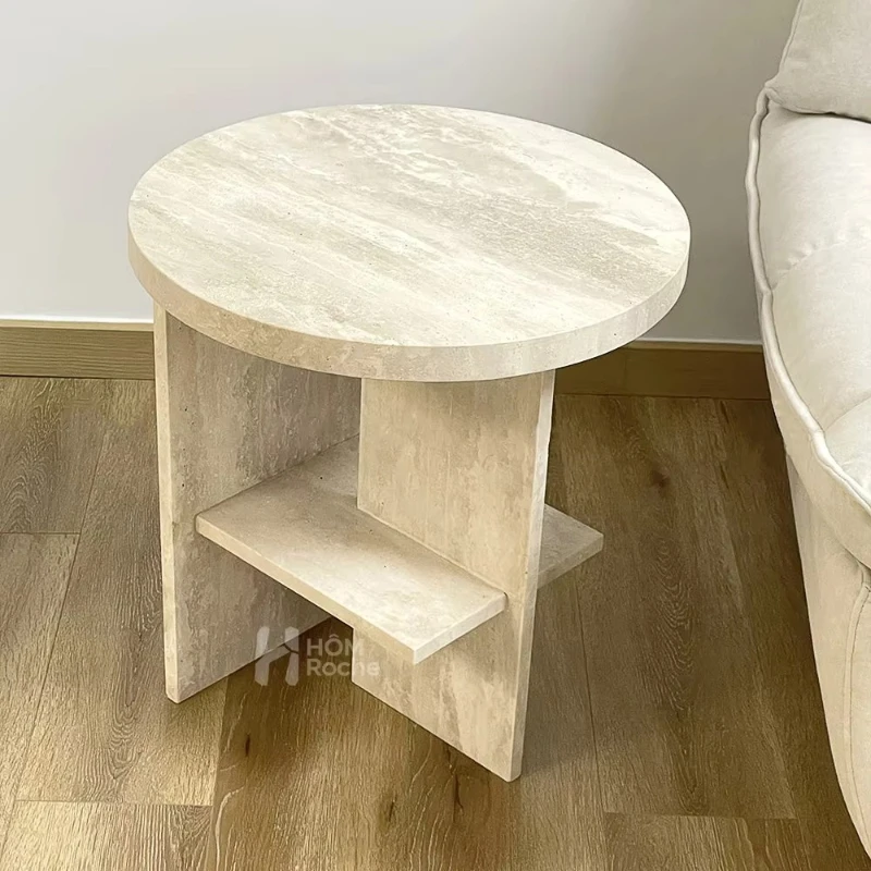 Modern marble travertine beige round bedside table