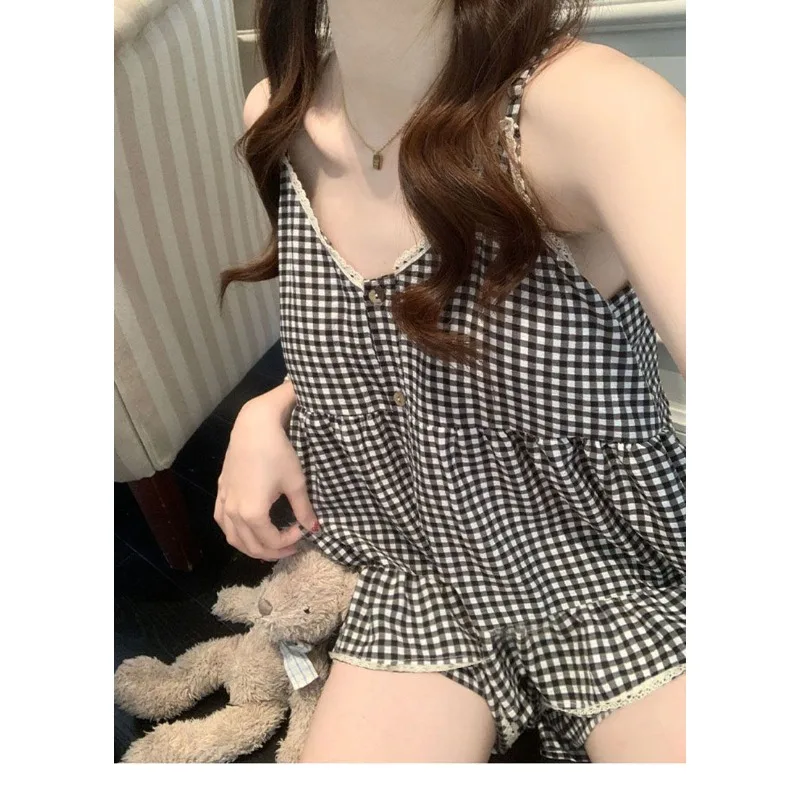 Suspender Pajamas Summer Women's New Cloud Cotton Plaid Beautiful Back Set Internet Celebrity with Chest Pad Student Loungewear