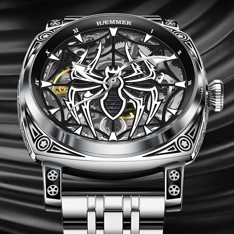 

Haemmer 2025 Fashion Spider 42mm Men's Mechanical Watch Gold Stainless Steel Folding Button Glowing Hand Watch 30m Waterproof