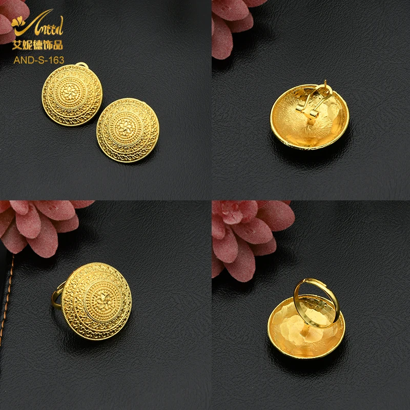 African Gold Plated Jewelry Sets Indan Wedding Party Dubai Big Roung Necklace Earrings Bracelet Rings Set Jewellery For Women