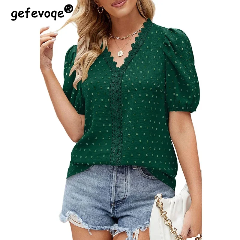 

Women Clothing Lace Patchwork Solid Elegant Blouse Summer Fashion V Neck Short Sleeve Loose Shirt Female Casual Chic Tops Blusas