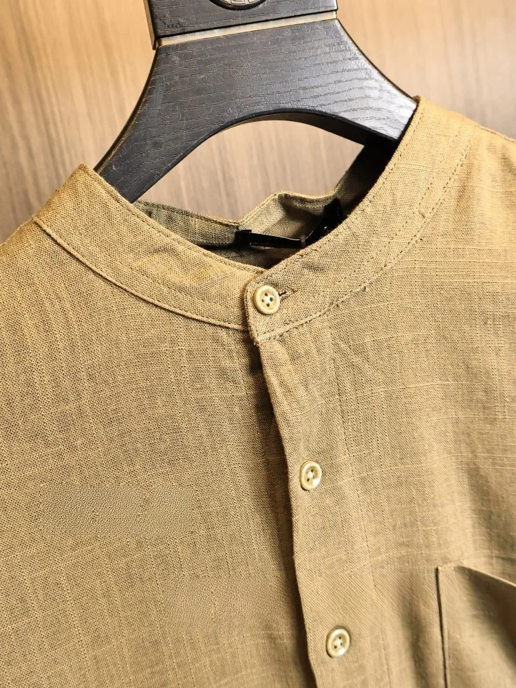 Men's Flax Blend Shirt Vintage Henry Collar Breathable Skin-friendly Autumn Fashion Urban Style Long Sleeve Standard Fit