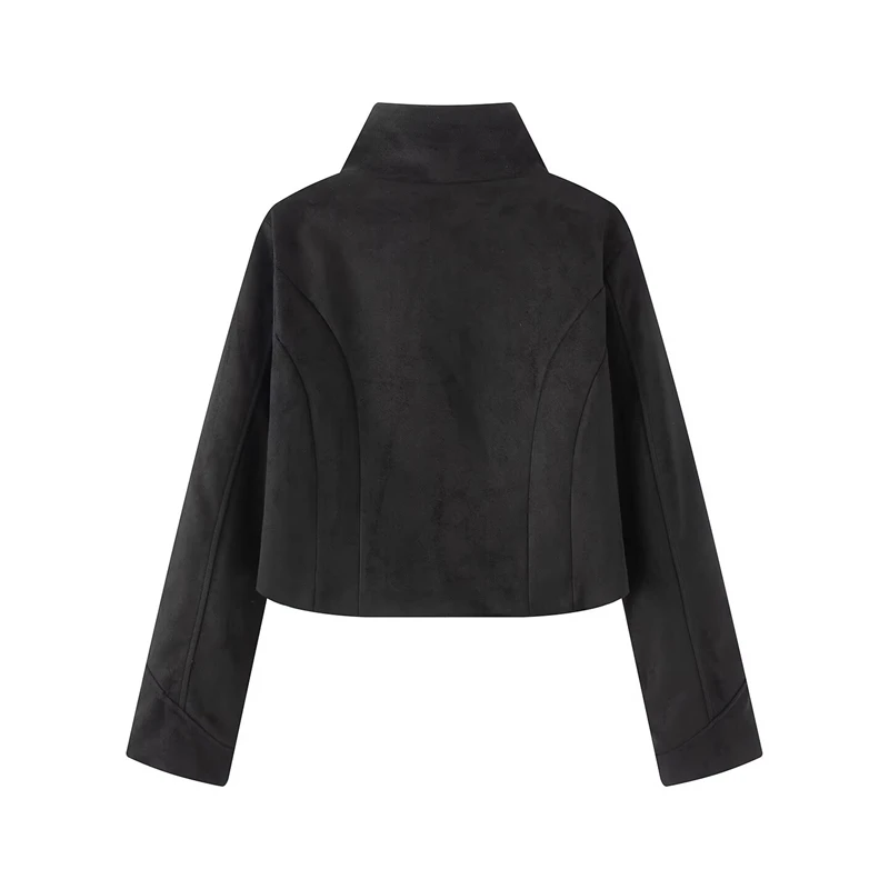 Retro Military-Style Women's Short Jacket Stand Collar Double Row Metal Buttons Slim Fit Short Black Coat