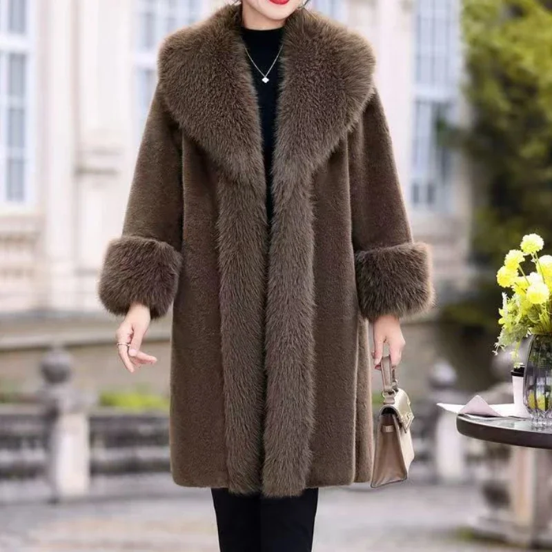 Femmes épais fausse fourrure veste Colorblock blanc automne hiver Maxi manteau Long chaud luxe ceinture fourrure Parkas Bontjas fourrure vêtements d'extérieur