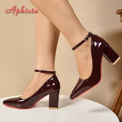 Aphixta Wine 7cm Chunky Heels Pumps Pimp Pointed Toe Women Shoes Bling Shoes Plus Big Size 35-53