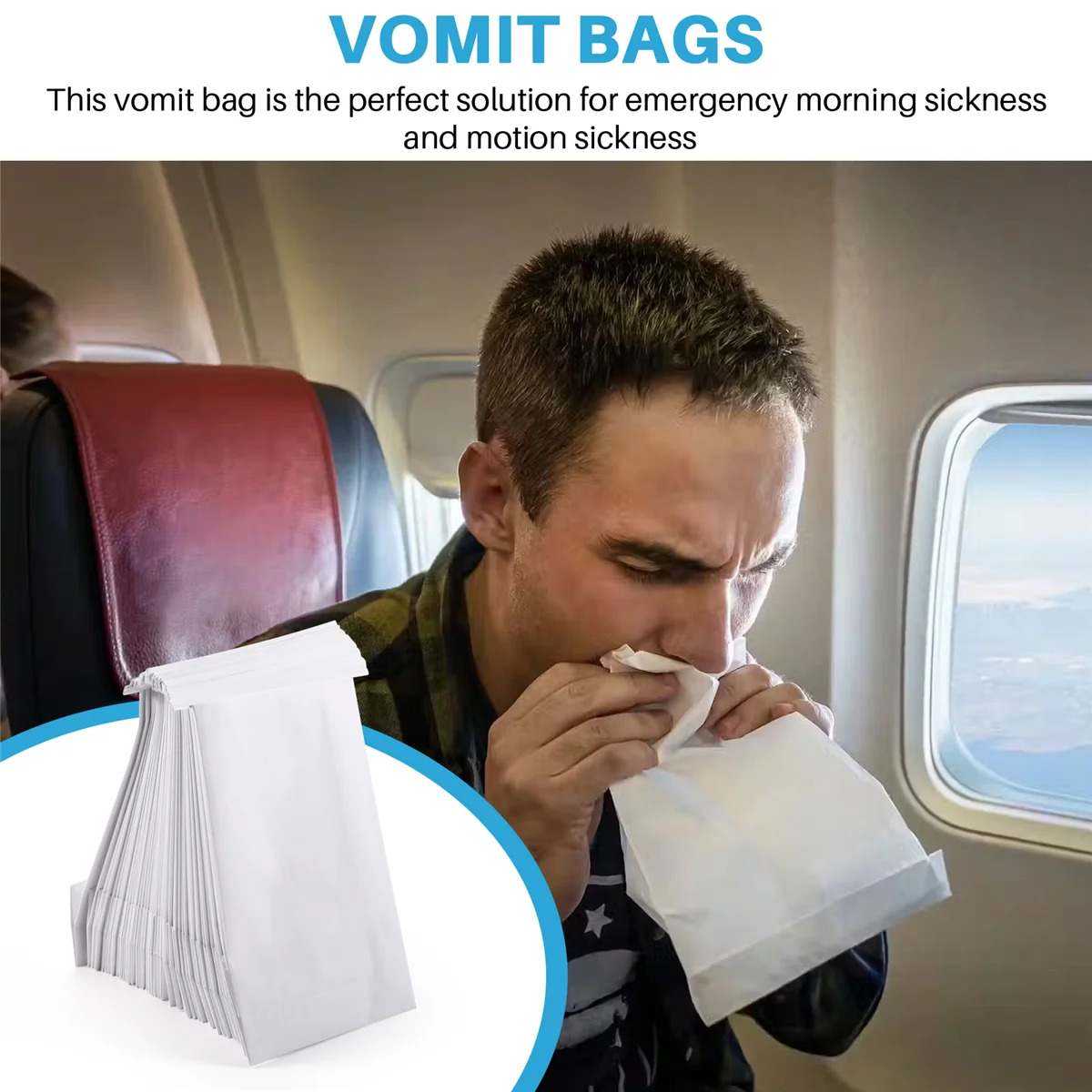 XFDE 50 Pcs Vomit Bags White Throw Up Sick Bags for Motion Morning Sickness and Hangovers Travel Disposable Paper Puke Bag