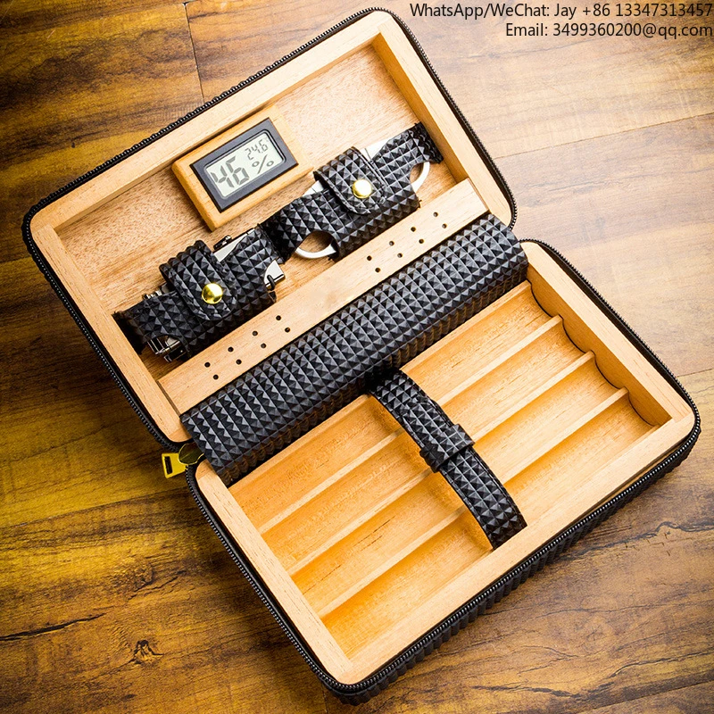 

Портативный увлажняющий футляр для сигарет из силикона и кожи с ремешком из кедрового дерева, зажигалкой и ножницами, четыре отделения, Rubinsky