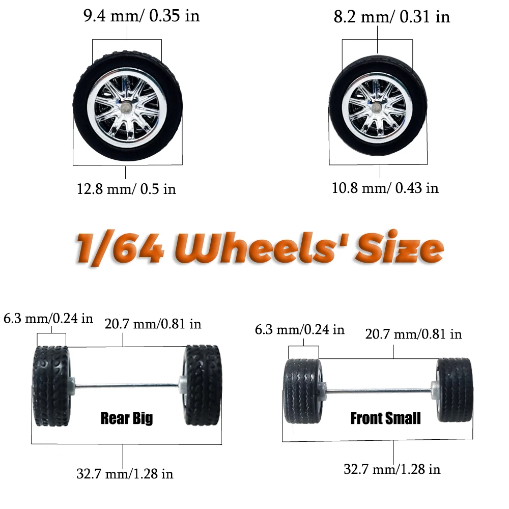 KicarMod 1/64 Wheels Rubber Tires Front Small Rear Big Tyres for Diecast Model Toy Sports Muscle Car Hot Wheels Modified Parts