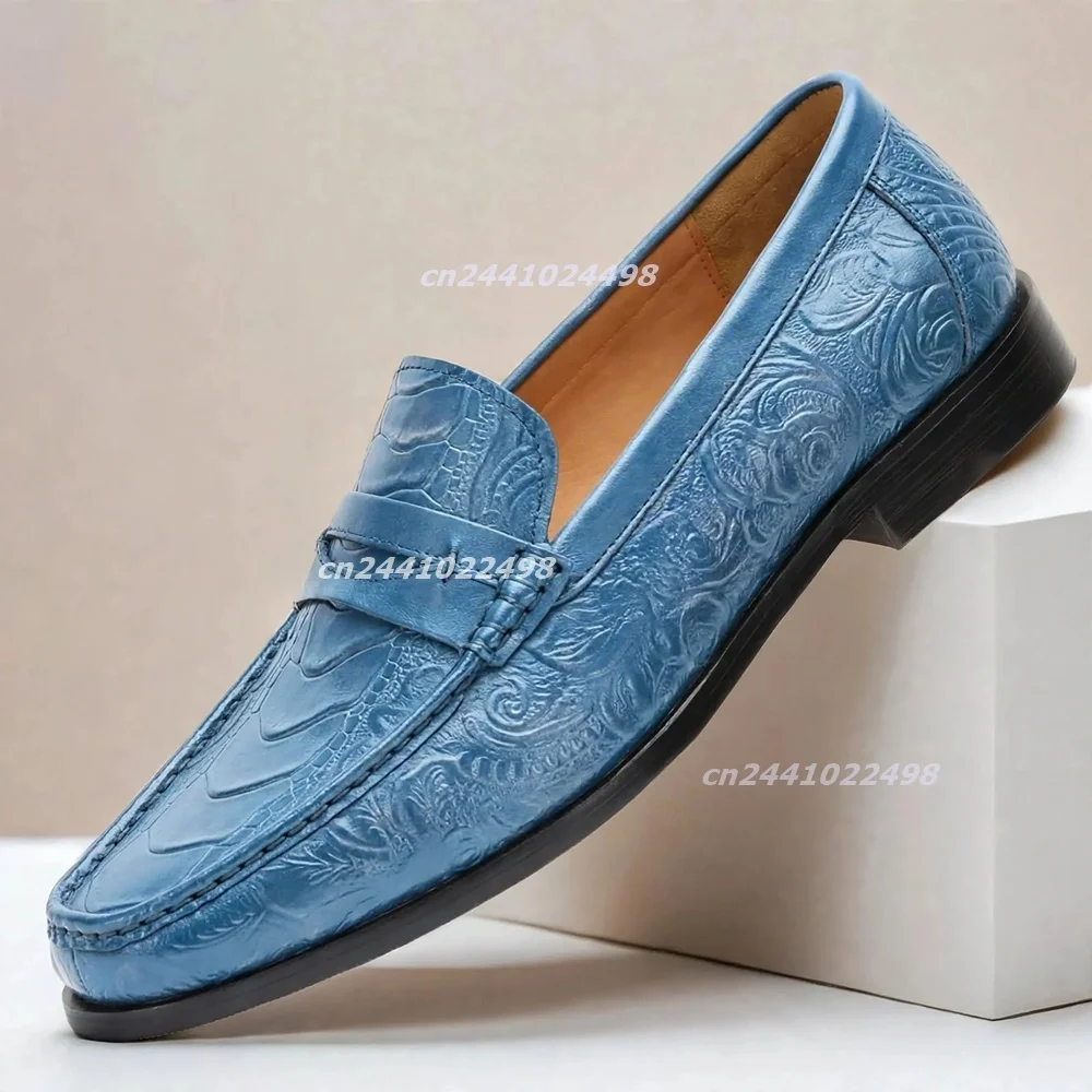Vintage Faux Embossed Floral Crocodile Pattern Men Penny Loafers, Pointed Square Toe Low Block Heel Formal Business Dress Shoes