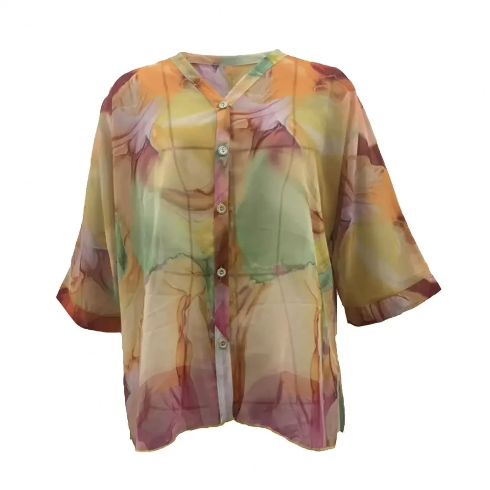 Women Shirt V-Neck Long Sleeve Loose Shirt Tops Single Breasted Print Chiffon Shirt