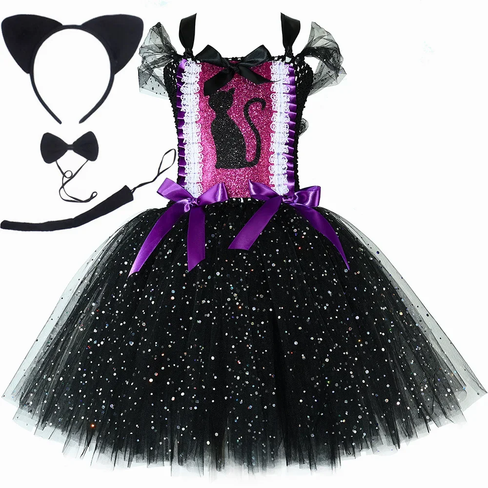 

Sparkly Black Cat Ballet Tutu Dress for Girls Carnival Birthday Party Fancy Toddler Kids Halloween Animal Kitten Costumes 1-12T