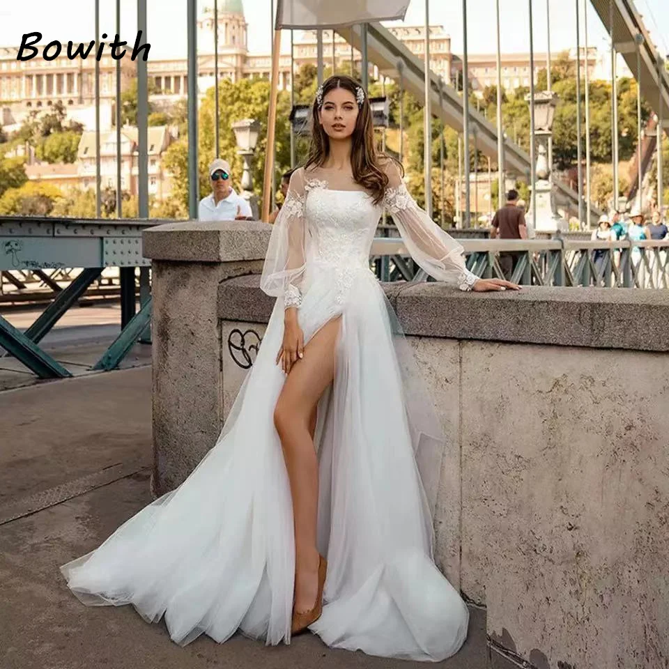 

Bowith Evening Dress Wedding Party Elegant White Split Long Sleeved Bridal Dress Prom Formal Occasions Dress Luxury vestidos