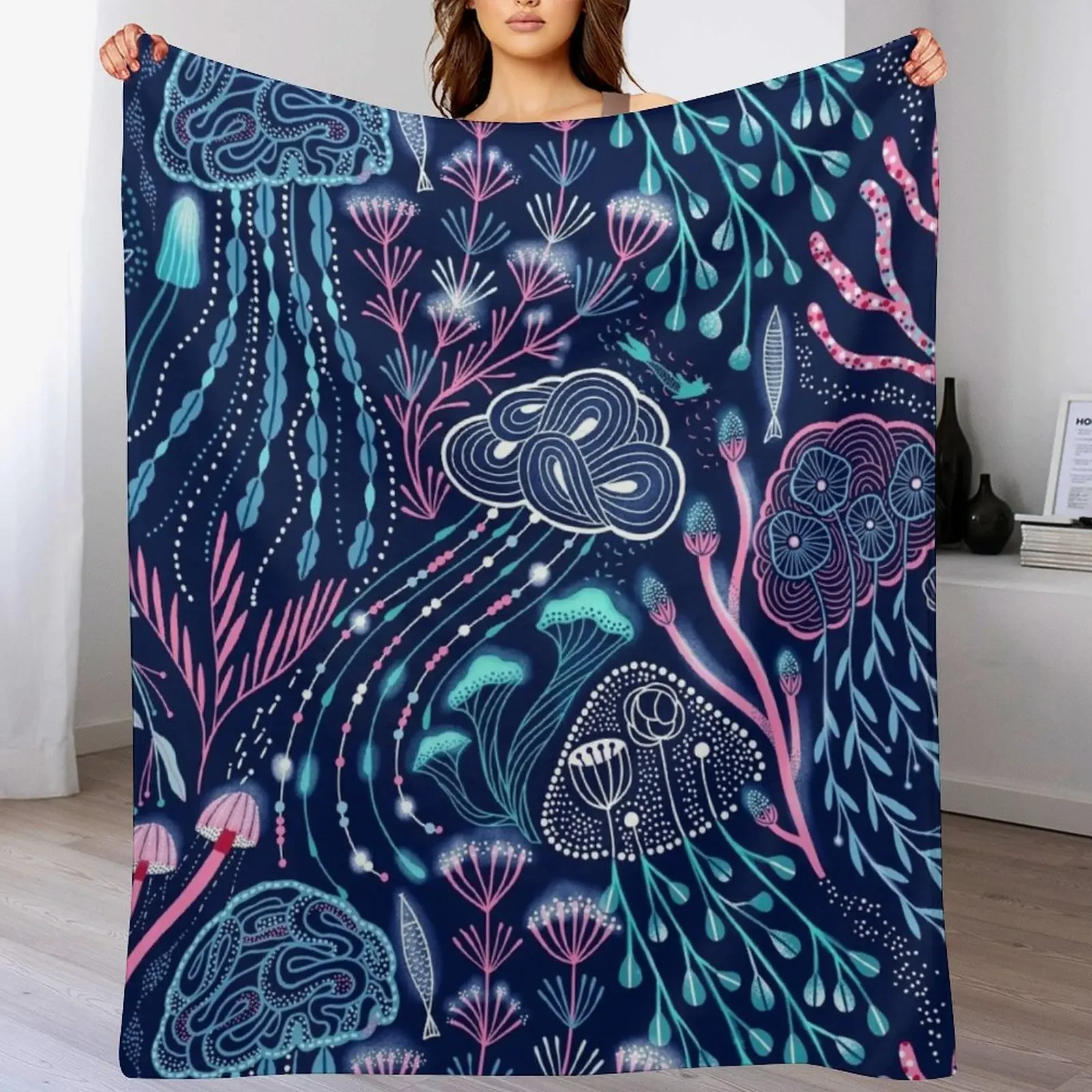 

Bioluminescence jellyfish, mushrooms, mercat and corals Throw Blanket Loose Decorative Throw warm winter Flannels Blankets