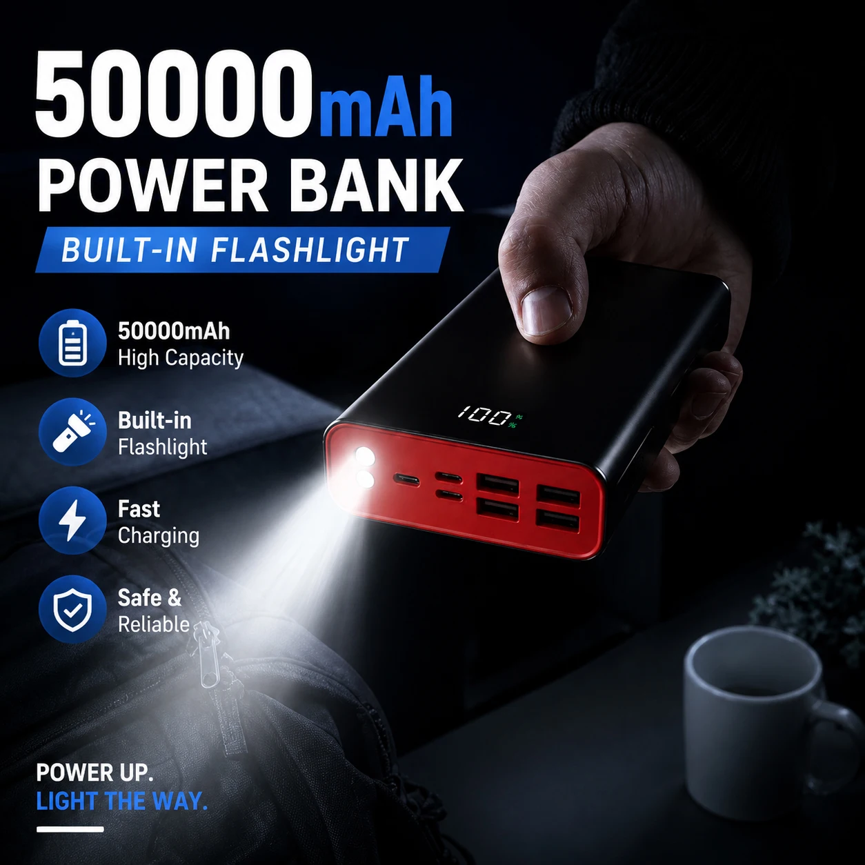Image of 50000mAh Powerbank, 22,5W Schnellladung mit 4 USB-Ausgängen & 3 Eingängen (Typ-C/Micro/Lightning), Großkapazitäts-Ladegerät für mehrere Geräte, Camping, Reisen, Zuhause