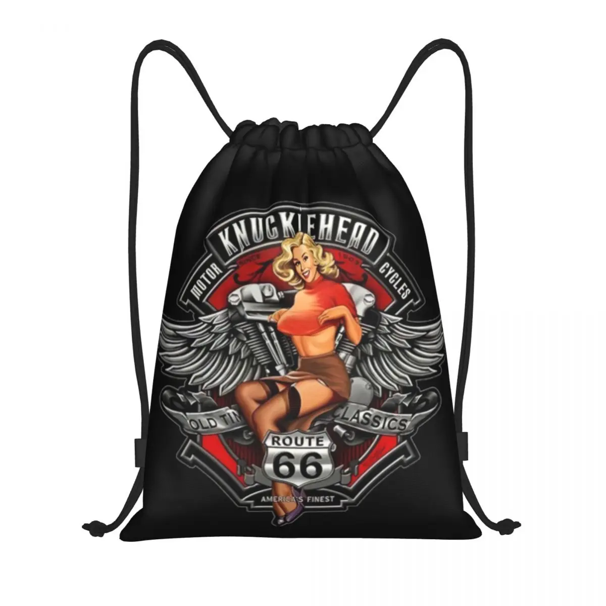 Custom Route 66 Pin Up Rockabilly Design Drawstring Backpack Women Men Gym Sport Sackpack Portable Highway Shopping Bag Sack