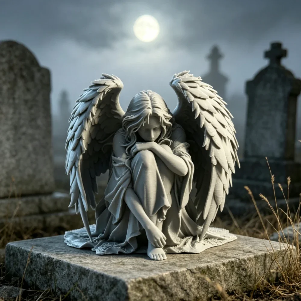 Gothic Sorrowful Angel Figurine 3D Printed Art Sculpture Kneeling Winged Angel Statue Desktop Bookshelf Decor Ornaments Memorial