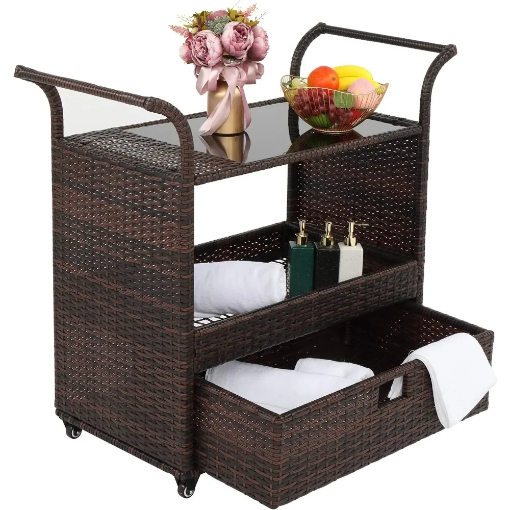 

Outdoor Rolling Wicker Bar Cart, Rolling Rattan Beverage Bar Counter Table with Ample Storage Basket, Drawer and Loakable Wheels