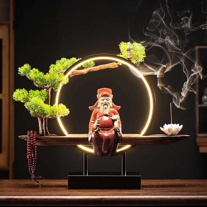 New Chinese-Style Creative Lighting With Reverse-Flow Incense Burner And Feng Shui God Of Wealth Figurine, Fortune-Bringing Budd