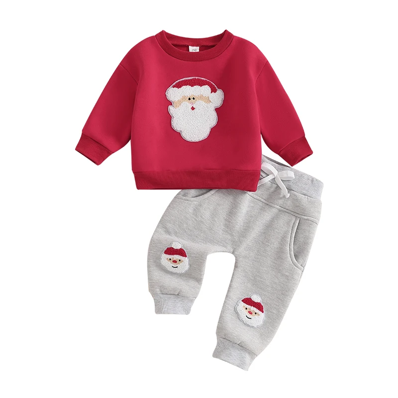 Baby 2-delige kerstoutfits met lange mouwen, kerstmanborduurwerk, sweatshirt en zakbroek, set winterkleding