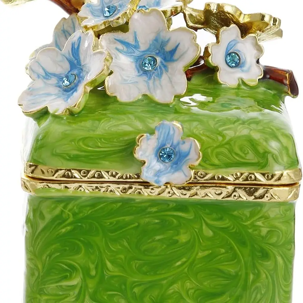 

Vintage Green Flower-Themed Hand-Painted Enameled Jewelry Box with Hinge for Home Decor and Storage