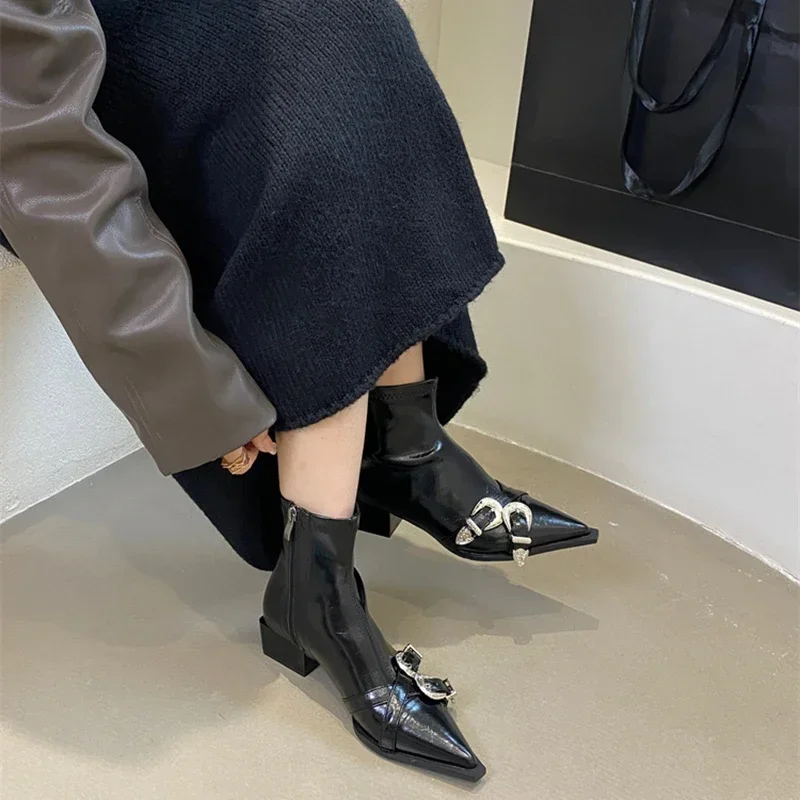 Designer Pointed Toe Women Ankle Boots Fashion Thick Heel Slimming Short Booties Autumn Winter Female Shoes