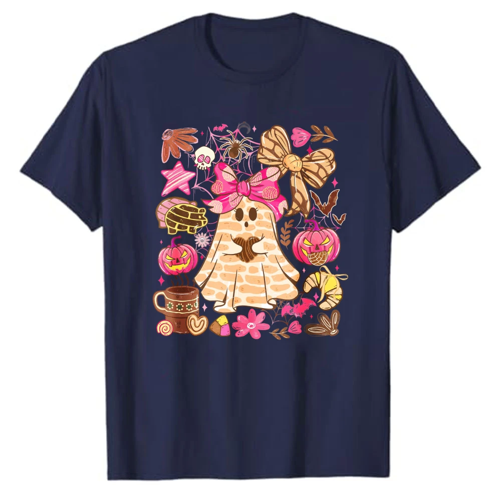 Cute Coquette Bow Ghost Halloween T‑Shirt Pumpkin Pastry Coffee Fall Season Graphic Print Short‑Sleeve Cotton Casual Party Tops