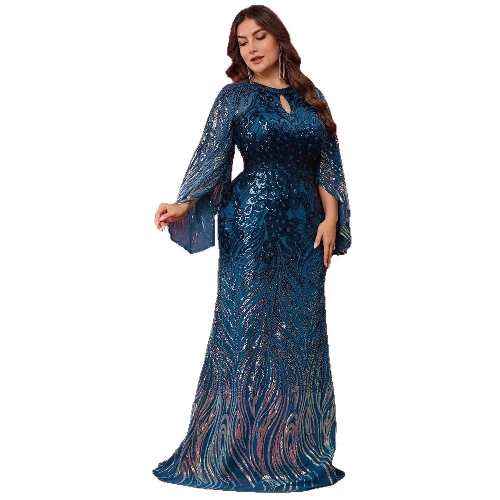 Adual changement de couleur perle longue Sve ronde Ne Split Sve soirée Dr Ele robe de soirée pour les femmes grande taille