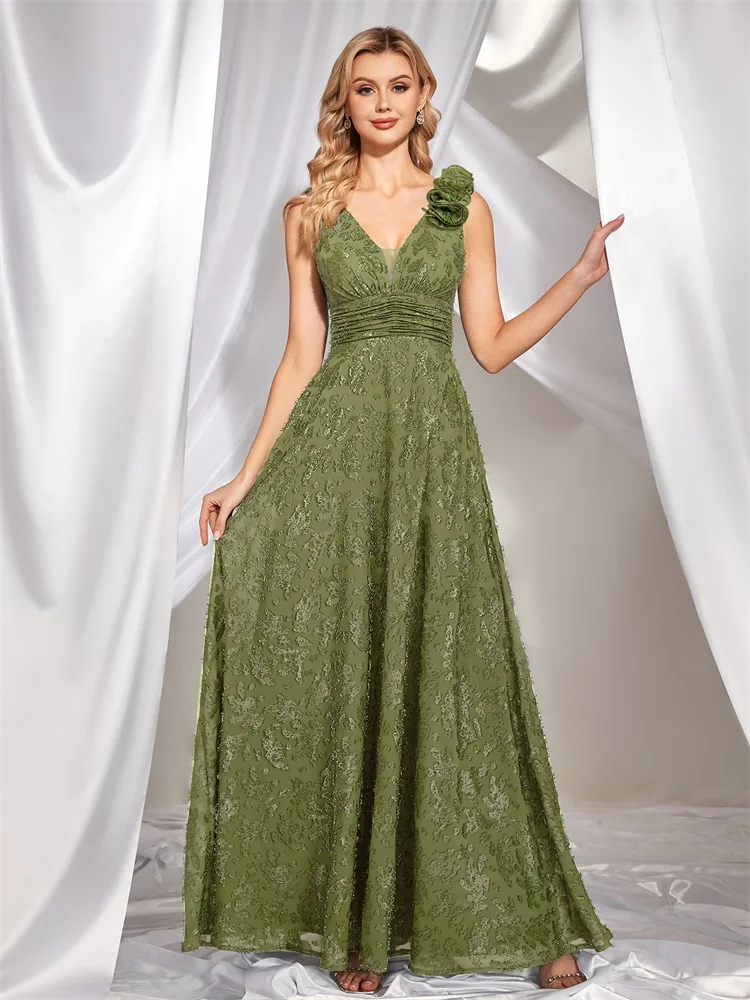 

XUIBOL Elegant V Neck Green Floral Evening Dress Long 2024 Luxury Women Chiffon Sleevesless Party Dress Prom Cocktail Dress