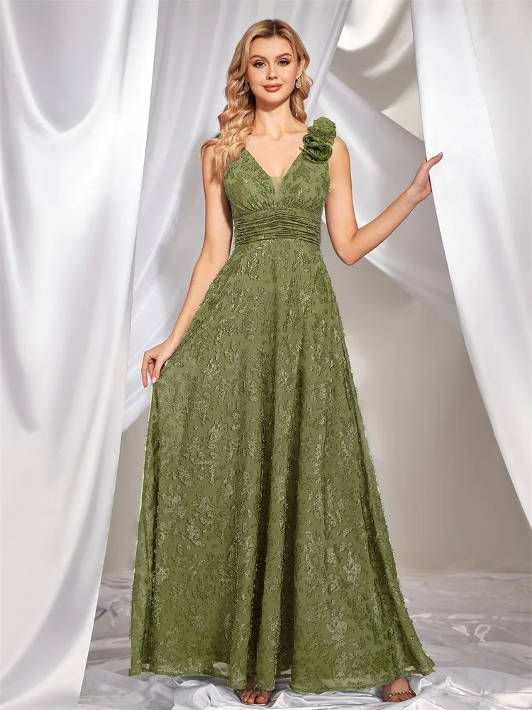 XUIBOL elegante abito da sera floreale verde con scollo a V lungo 2024 abito da sera senza maniche in Chiffon da donna di lusso abito da Cocktail da