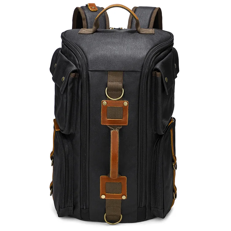 Vintage Leather Man16 inch Laptop Backpack Waxed Canvas Shoulder Rucksack Carry-On Travel Backpack for Men Women image 3