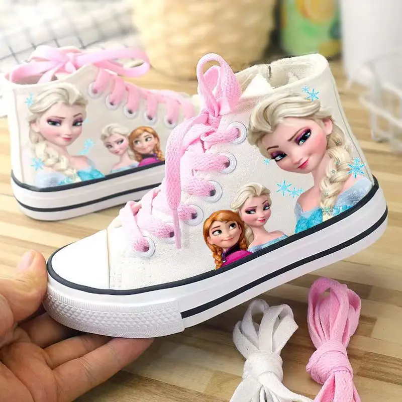 Disney New Girls Kids Canvas Shoes Children Cartoon Canvas Shoes Frozen Student Flat Non-Slip Sneakers Girls Princess Shoes