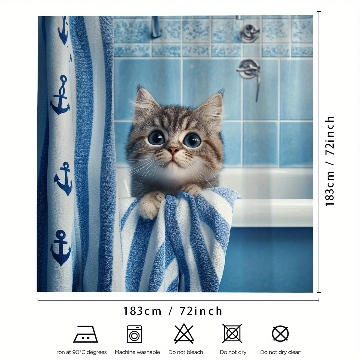 1 Cute Kitten and Nautical Anchor Shower Curtain, Blue and White Stripes, Great for Bathroom Decor, Suitable for All Seasons