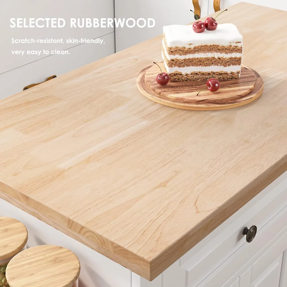 عربة جزيرة المطبخ المتدحرجة بأبعاد 43 بوصة، تتميز بأدراج وخزانة تخزين، وهي مصنوعة من الخشب المطاطي