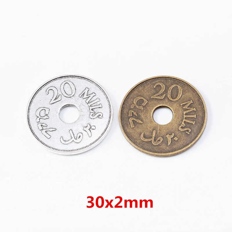 20pcs 30mm Vintage Bronze Silver Color Palestine Money 20 Mils Round Coin Charms Pendant For Bracelet Earring Diy Jewelry