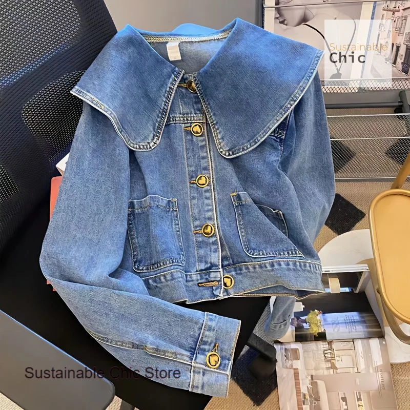 

French blue doll collar denim jacket women's spring and autumn new western style lotus leaf collar short casual loose jacket