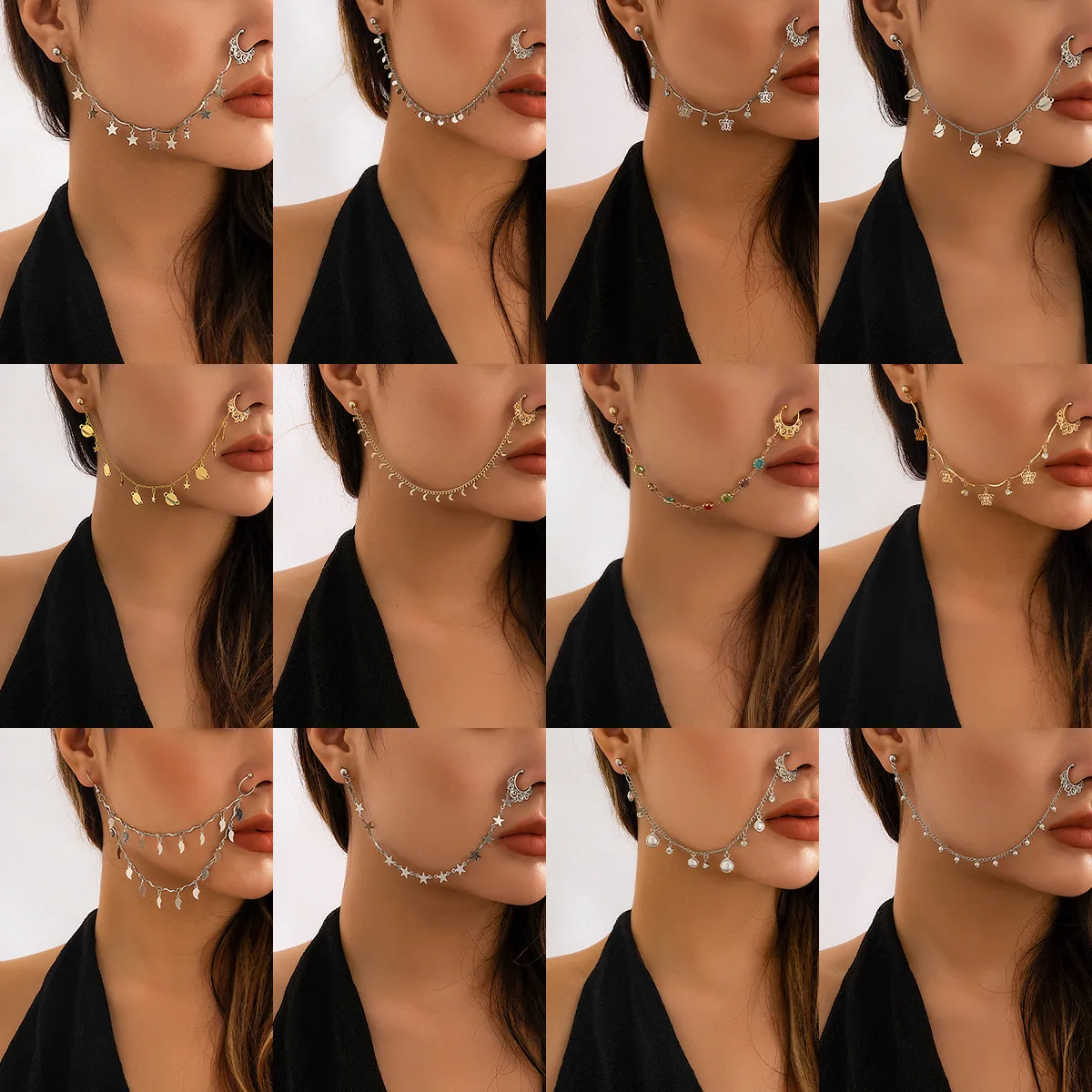 Индийские серьги золотого цвета с жемчугом и бабочкой, серьги-клипсы для носа, цепочка для женщин, кольцо в носу в стиле бохо, без пирсинга, висячие серьги, ювелирные изделия