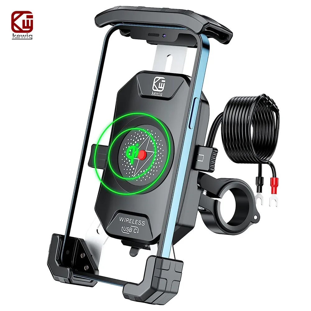 Motorcycle Phone Mount with Qi 15W Wireless Charger and USB C 20W Fast Charging Port One Hand Operation Motorcycle Phone Holder