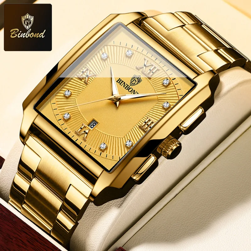 Binbond-メンズスクエアデザインのクォーツ時計,ステンレススチール,防水,スポーツ,ビジネス,ブランド,ラグジュアリー,高品質