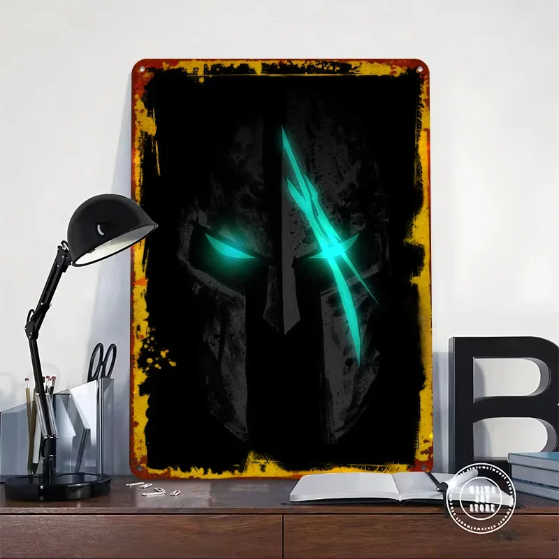 Spartan Helmet With Glowing Eyes Tin Plaque Poster Customized Wall Art Retro Vintage Metal Signs for Man Cave Coffee Bar Decor