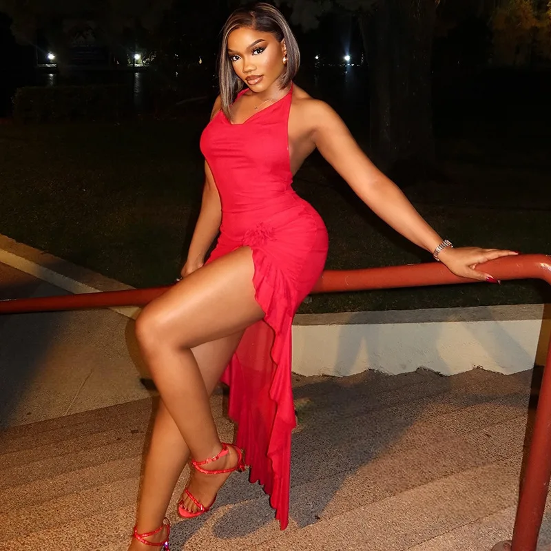 فستان حورية البحر برباط علوي ورقبة على شكل حرف V بدون أكمام وظهر مكشوف، لون خالص، مثير #5