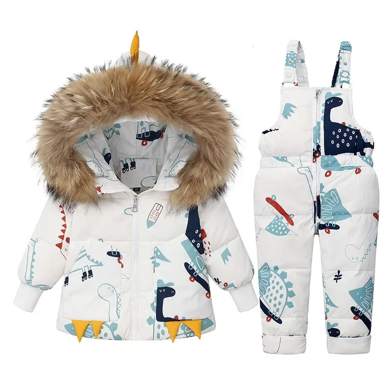 Kids Winter Jacket Cartoon Clothing Set Real Fur Collar Boy Winter Coat Girls Outerwear Warm White Duck Down Feather 1-5Y