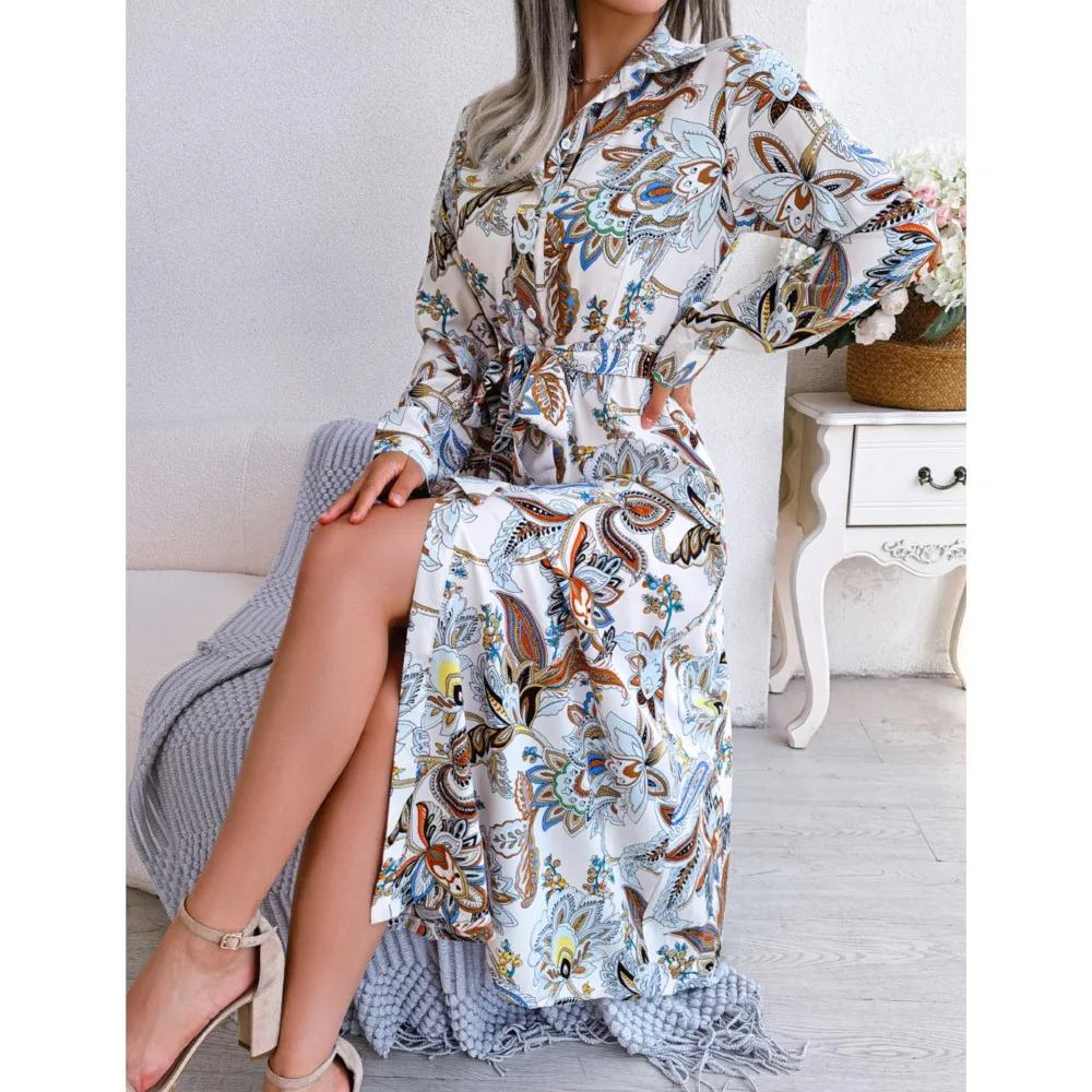 Vestido bohemio primavera y otoño nuevo elegante Retro estampado de flores botón manga larga con cordones solapa maxi vestido camisero bata de mujer