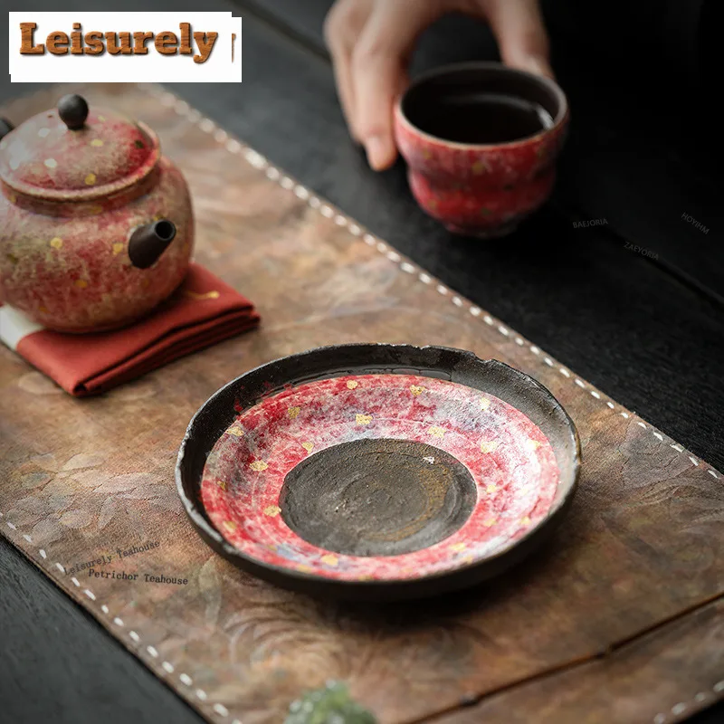 HOYIHM Handmade Rock Mining Red Color Rough Pottery Pot Bearing Holder Vintage Dry Brew Table Tea Tray Tea Ceremony Collection