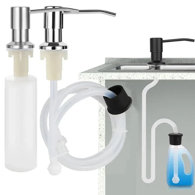 Kitchen Sink Soap Dispenser Pump Extension Tube Kit Under Countertop Refillable Large Capacity Liquid Bottle Stainless