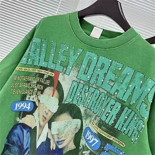 Imagen 2 del producto Hot Drill Letter VALLEY-Camiseta de gran tamaño para hombre, camiseta americana Vintage verde de algodón puro, mangas cortas para mujer